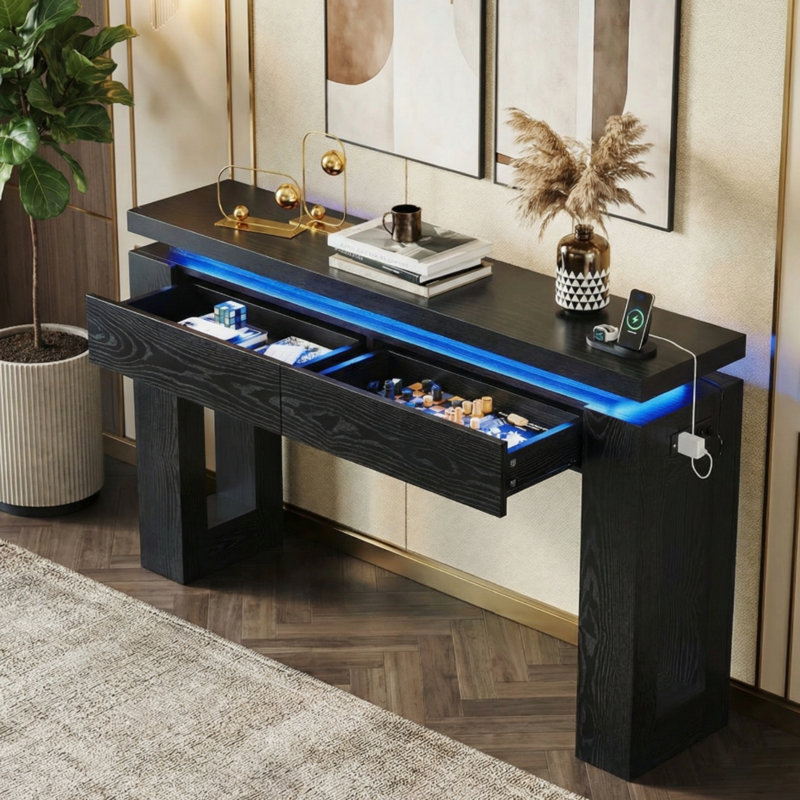 Modern Console Table with LED Lights & Charging Station, Sofa Table with 2 Drawers For Entryway, Hallway or Living Room