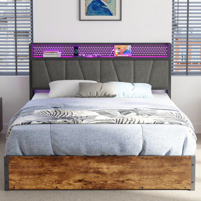 Rustic Brown Queen Metal Frame Bed with Linen Upholstered Headboard and Storage