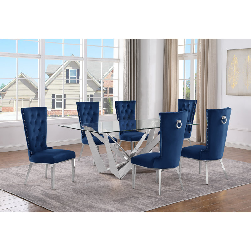 Lebanon Glass Top Trestle Dining Set, Navy Blue/Silver, 7
