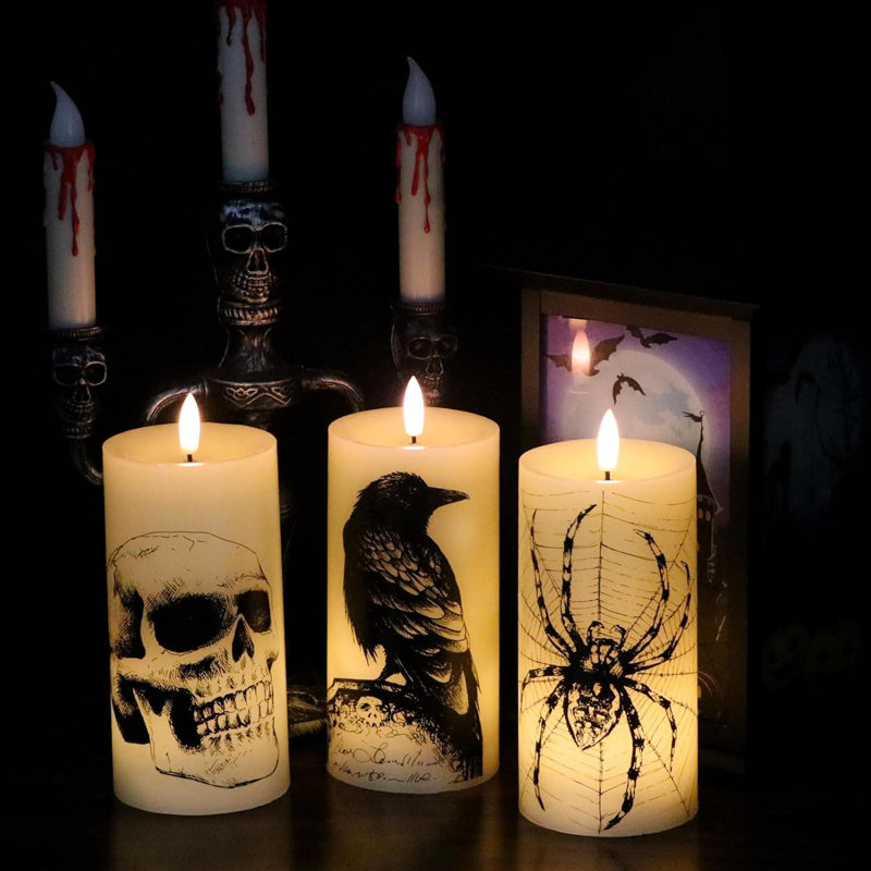 Halloween Flameless Pillar Candles - Remote Timer, Skull/Spider Web/Crow Decals, Set of 3, Battery-Operated LED Real Wax