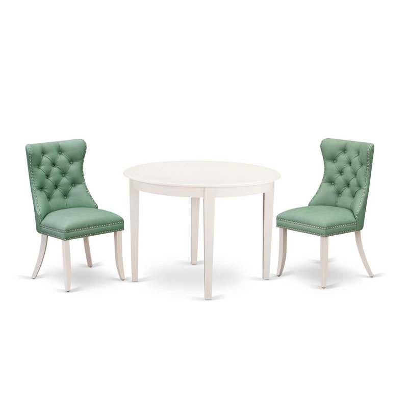 3-Piece Linen White Finish Round Solid Wood Top Dining Table Set, Green