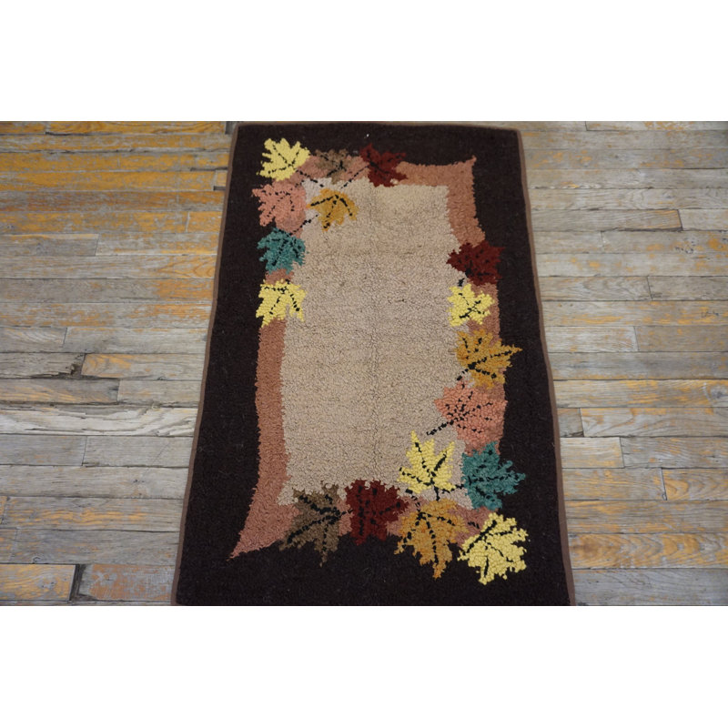 Vintage Mid Century Folk Art Foliage Pattern American Hooked Rug