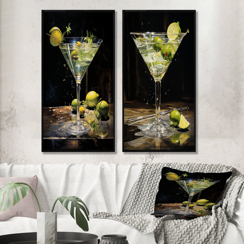 «Dirty Martini Mirage Cocktail», ensemble de 2 reproductions d'art mural, Cadre noir, H 40 po x l 41 po