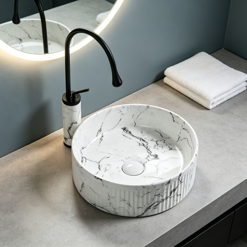 Lavabo de salle de bain vasque ronde en céramique noire avec robinet 14,57 pouces Topcraft