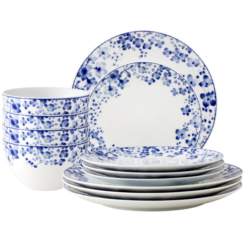 Blue and White Porcelain Floral 12-Piece Dinnerware Set