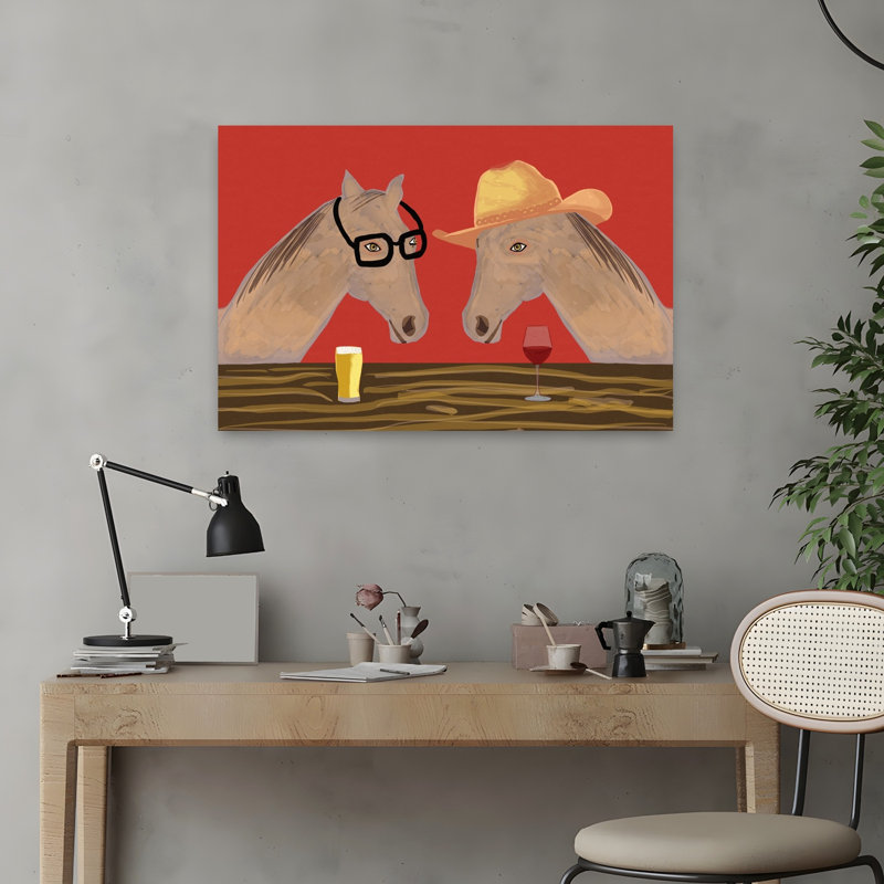 Funny Horses At Bar Contemporary Horse Wall Art Print 1 Piece Wrapped Canvas Wall Art, 40.64cm H x 60.96cm W