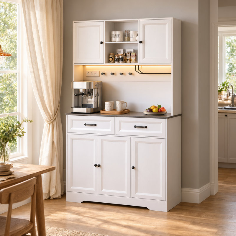 Garde-manger de 71 po de hauteur avec bar à café, prise de courant intégrée, bande lumineuse à DEL, support à vin, 5 portes et tablettes réglables