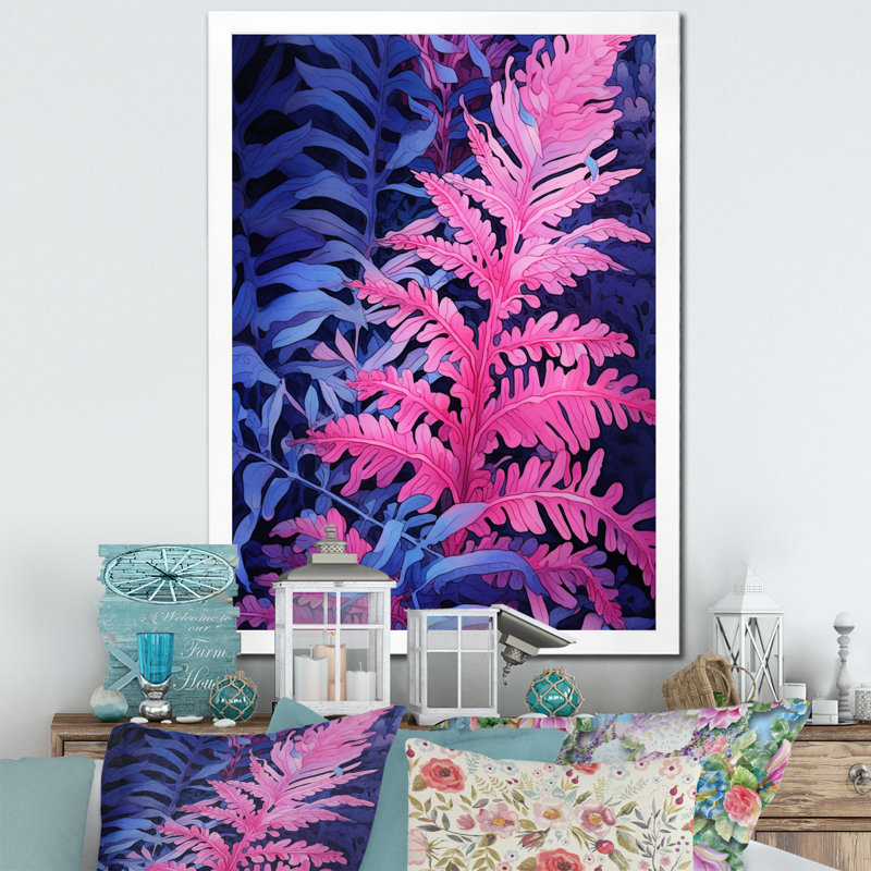 Fond de fougère rose bleue sur toile, Cadre simple blanc, H 40 po x l 30 po x P 1 po