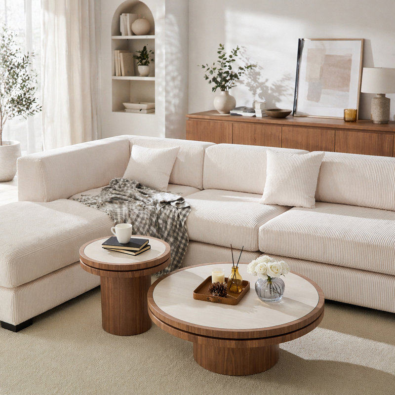 Table basse en pierre frittée de 35,43 pouces avec piédestal robuste en panneau de fibres à densité moyenne pour le salon, la chambre à coucher et la salle de réception