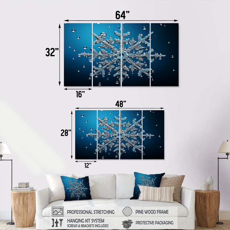 «Blue Snowflake Holiday II - Winter Landscape», art mural sur toile 4 pièces, H 28 po x l 48 po