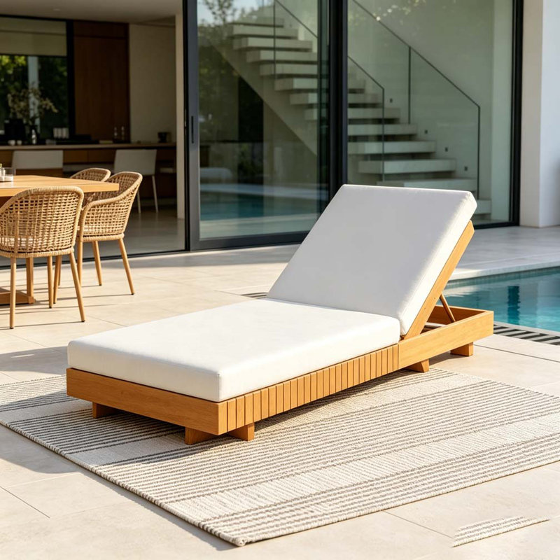 Solid Wood Lounge Chaise, Copper,Teak+Cream