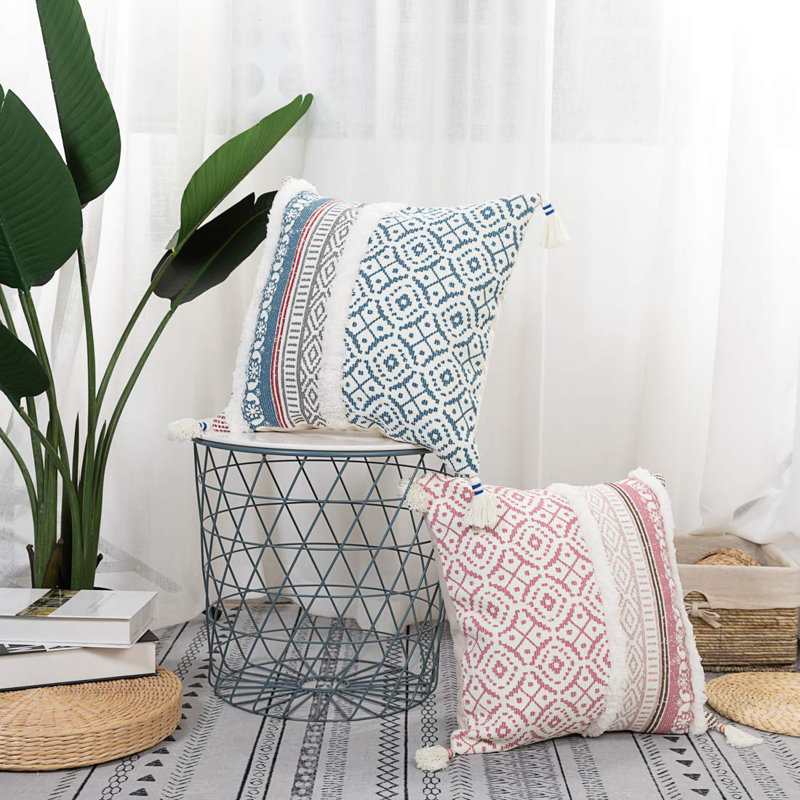 Turcios Tassels Cotton Blend Pillow Cover, Blue/White