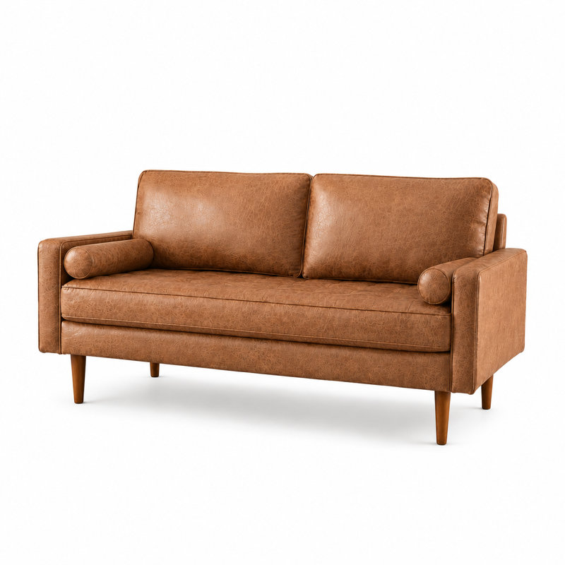 Aisha 70" Faux Leather Square Arm Loveseat, Light Brown Faux Leather