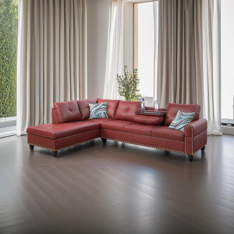 Faux Leather L-Shaped Sectional, Burgendy Faux Leather
