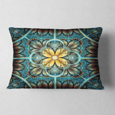 Blue and Yellow Large Fractal Flower Design - Floral Printed Throw Pillow