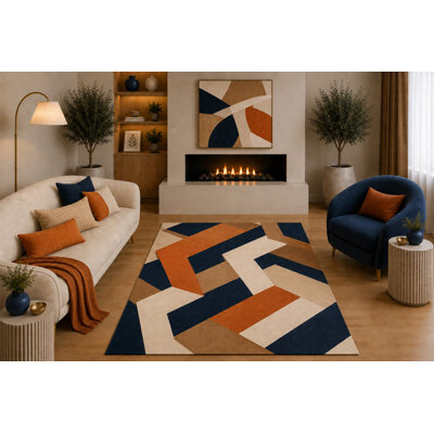 Tapis à motif de feuilles botaniques 5 pi x 7 pi «Ultra Léger» bleu marine rouille beige à motif floral moderne pour le salon, la chambre à coucher, la salle à manger, le tapis en silicone antidérapant