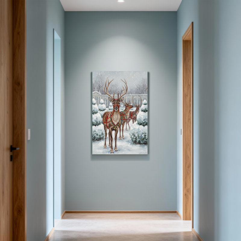 Animaux, renne dans un paysage d'hiver enneigé avec décorations, H 36 po x l 24 po