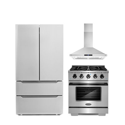 3 Piece Kitchen Package With 30"" Freestanding Gas Range With Custom Handle And Knob Kit 30"" Wall Mount Range Hood 36"" French Door Refrigerator -  Cosmo, COS-4PKG-1001