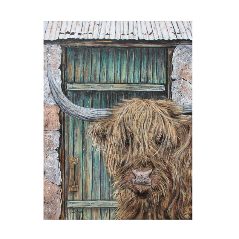 Animaux, vache Highland près de la porte de grange A, H 19 po x l 14 po x P 2 po