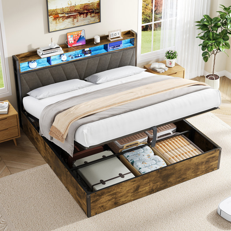 Storage Bed With Led And Usb Industrial Style, 151 x 215 cm