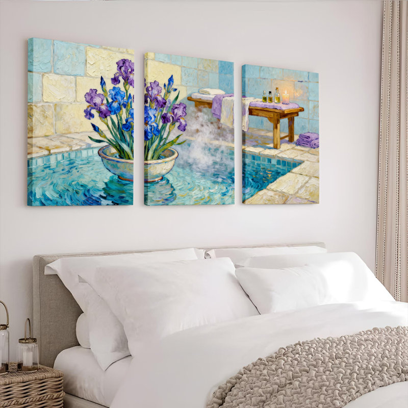 Ensemble de 3 tableaux sur toile tendue représentant des iris et une piscine spa, H 18 po x l 36 po