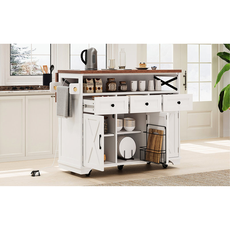 Style Kitchen Island With Beaded Drape, Power Socket, 3 Storage Doors, Drawers, Drop Leaf, Adjustable Shelves, Internal Iron Rack, White In Drape Decoration, Supply, Cabinets, Shelf