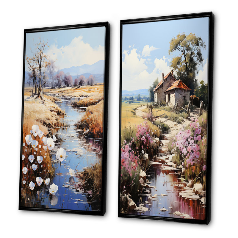 «Countryside Small River Reverie», ensemble de 2 reproductions d'art mural, Cadre noir, H 32 po x l 33 po