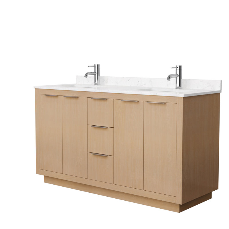 Ensemble de meuble-lavabo double 60 po Maroni, Marbre de culture de Carrare, Nickel brossé