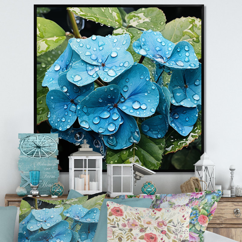 «Blue Hydrangea Flower Elegance I», art mural hortensia, H 30 po x l 30 po x P 1,5 po, Cadre flottant noir
