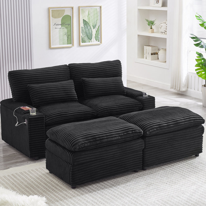 Loveseat Sofa With Four USB Ports And Two Cup Holders, Sectional Convertible Sofa With Storage Space And Two Movable Ottomans