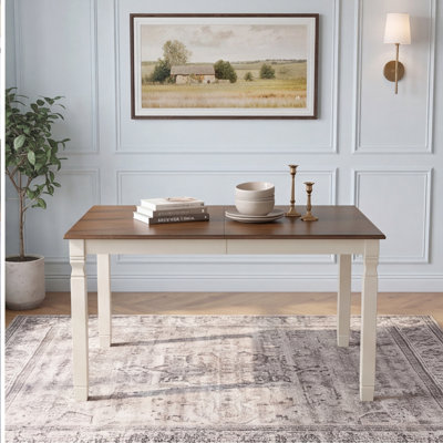 Extendable Dining Table for 4-6 People, 59-77 Inches, MDF Wood Veneer with Painted Finish, Solid Rubberwood Legs, Modern Farmhouse Style, Brown Top &