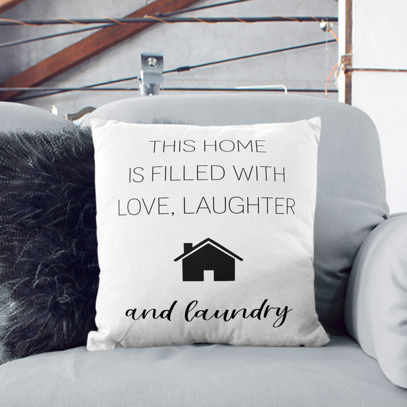 Love Laughter And Laundry Typography Square Throw Cushion, 55cm H x 55cm W x 20cm D, Stone