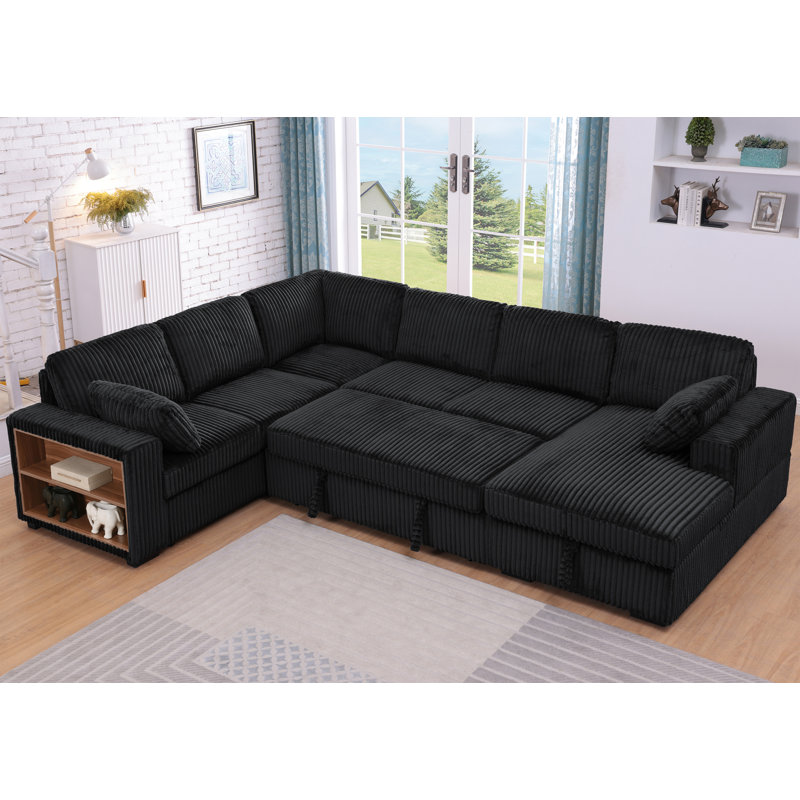 Sleeper Sectional Sofa with Pull-Out Bed, Storage Armrest, Right-Facing Storage Chaise, Black