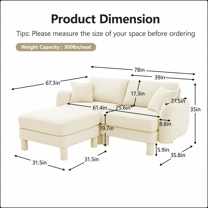 Canapé modulaire en tissu 2 places avec accoudoirs en forme de coquille, repose-pieds amovible et pieds enveloppés de tissu Boucle