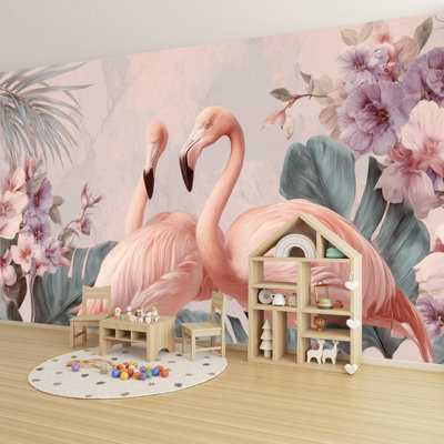 Papier peint à peler et coller, flamant rose tropical, gros plan, feuilles de palmier, jungle, art mural, art mural H 69 po x l 96 po, papier peint amovible en PVC, adhésif pour chambre à coucher, salon, bureau à domicile