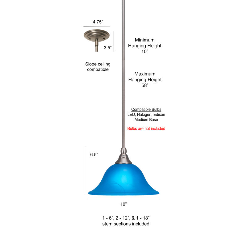 Stem Hung Mini Pendant Shown With 10" Blue Italian Glass, Brushed Nickel
