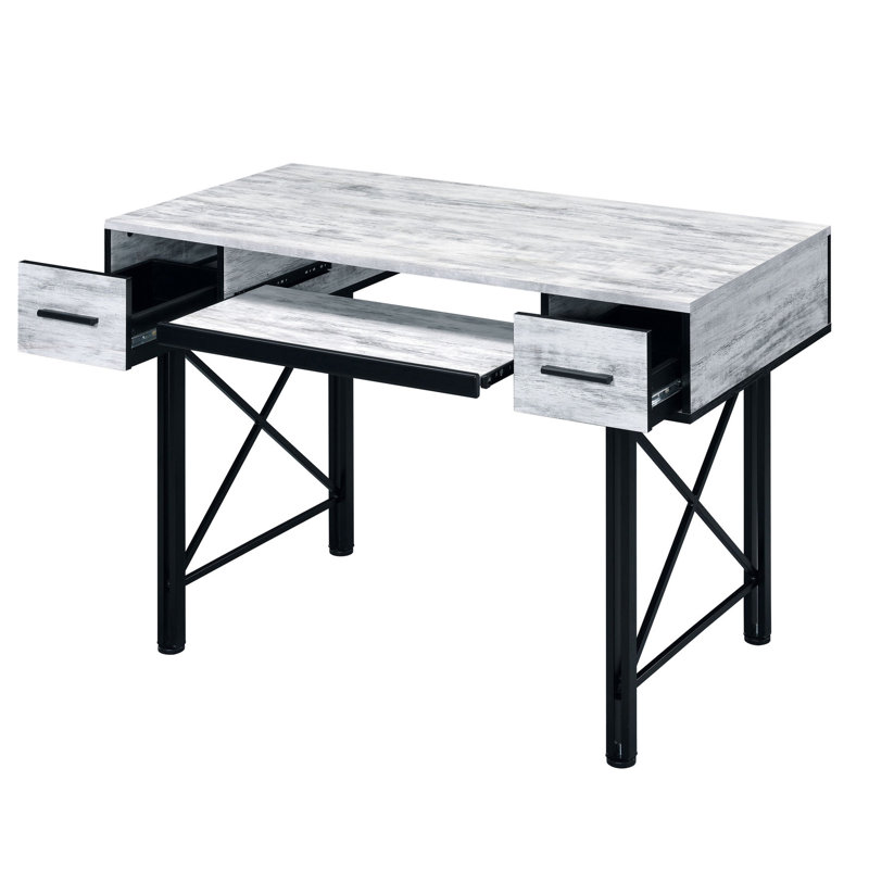 Bureau d'ordinateur noir et blanc spacieux avec plateau à clavier et tiroirs de rangement efficaces au fini antique
