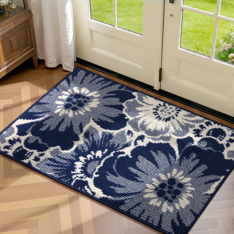 Tapis d'entrée lavable et antidérapant à motif floral, Blue, L 24 po x L 36 po