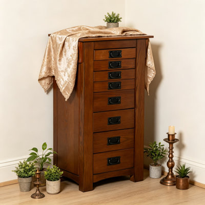 Oak Jewelry Armoire with 8 Drawers and Side Pocket Doors, 19.6 x 15.3 x 40.6 Inches, Oak Veneer and Warm Finish with Mission Grey Handles