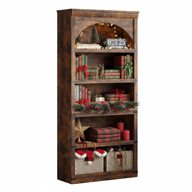 5 Tier Bookcase Arched Bookshelf, Rustic Wood Look Storage Shelf for Home Office Living Room, Easy Assembly, Farmhouse Style Bookcase with Metal Corner Guards