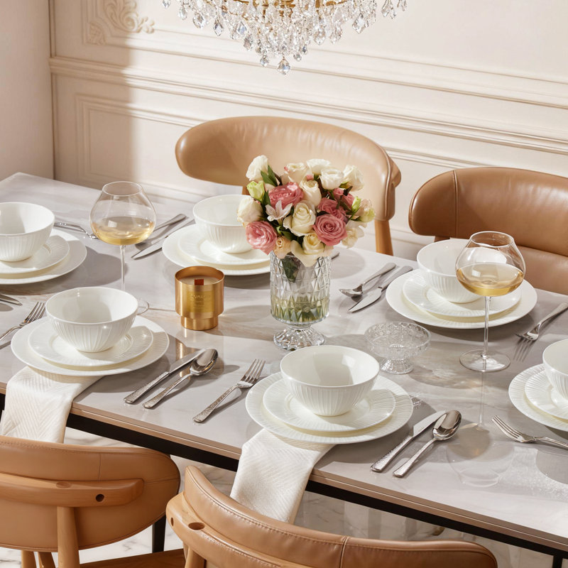12 Piece Embossed Bone China Dinnerware Set In White, Service For 4