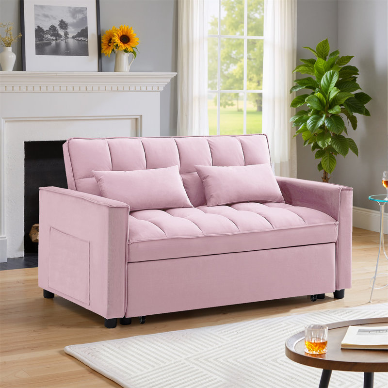 Canapé-lit convertible 3 en 1 Montevia, futon en velours, méridienne de salon avec poche latérale, Velours rose