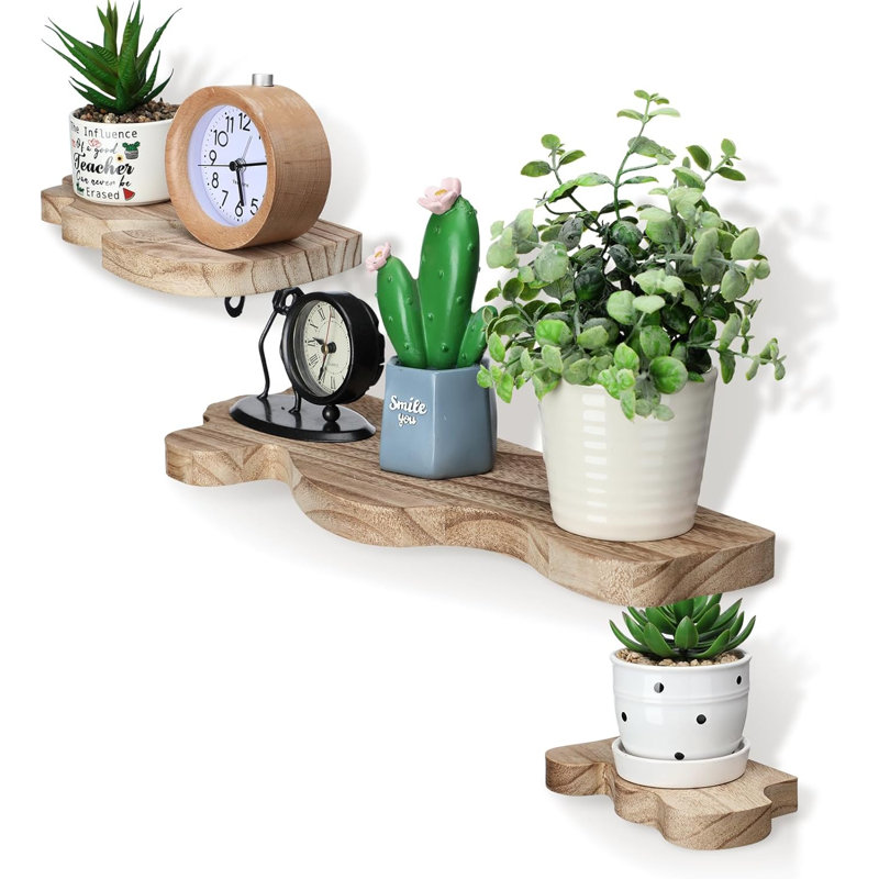 Set Of 3 Floating Shelves With Rustic Wave Edge - Live Edge Wooden Wall Mounted Display Ledge With Metal Brackets For Farmhouse Vintage Decor In Living Room Or Bedroom