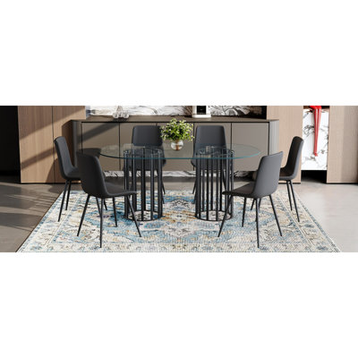 Ensemble de table et de chaises. Table de salle à manger ovale en verre trempé de 71 pouces de style luxueux à double colonne noire. Jumelé avec 6 chaises en polyuréthane artificiel noir avec coussins arrondis.