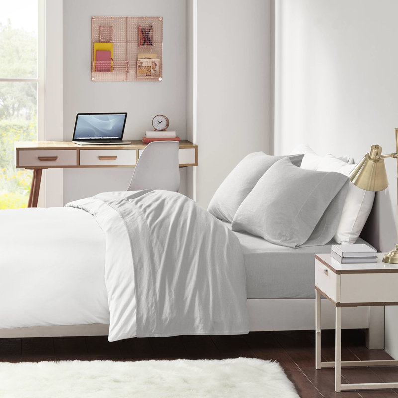 Draps en mélange de coton toutes saisons - durabilité tricotée, 50%, lavable à la machine, 1 drap plat, 2 taies d'oreiller ajustées, convient à un matelas de 16 po, drap de literie durable résistant à la chaleur et à l'absorption, jusqu'à gris