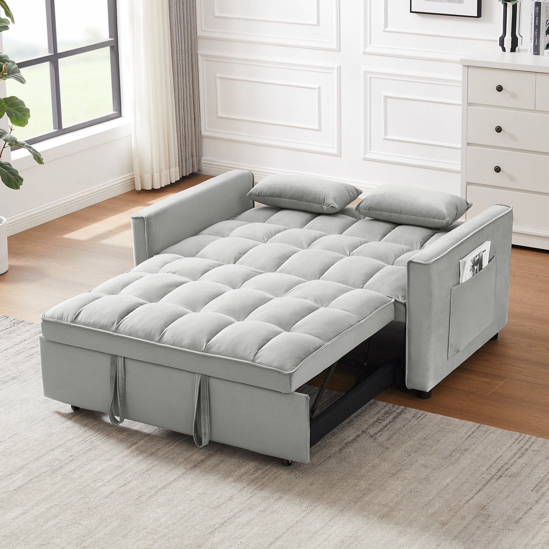 Ebern Designs Velvet Convertible With Pullout Sleeper And Adjustable ...
