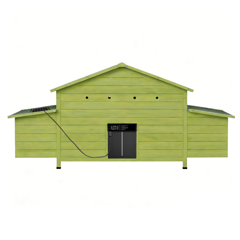 Poulailler extérieur en bois massif naturel de 178 cm (70 pouces) avec porte automatique solaire, capteur de lumière et minuterie, deux pondoirs, poulailler ventilé avec tiroir de nettoyage amovible et télécommande.