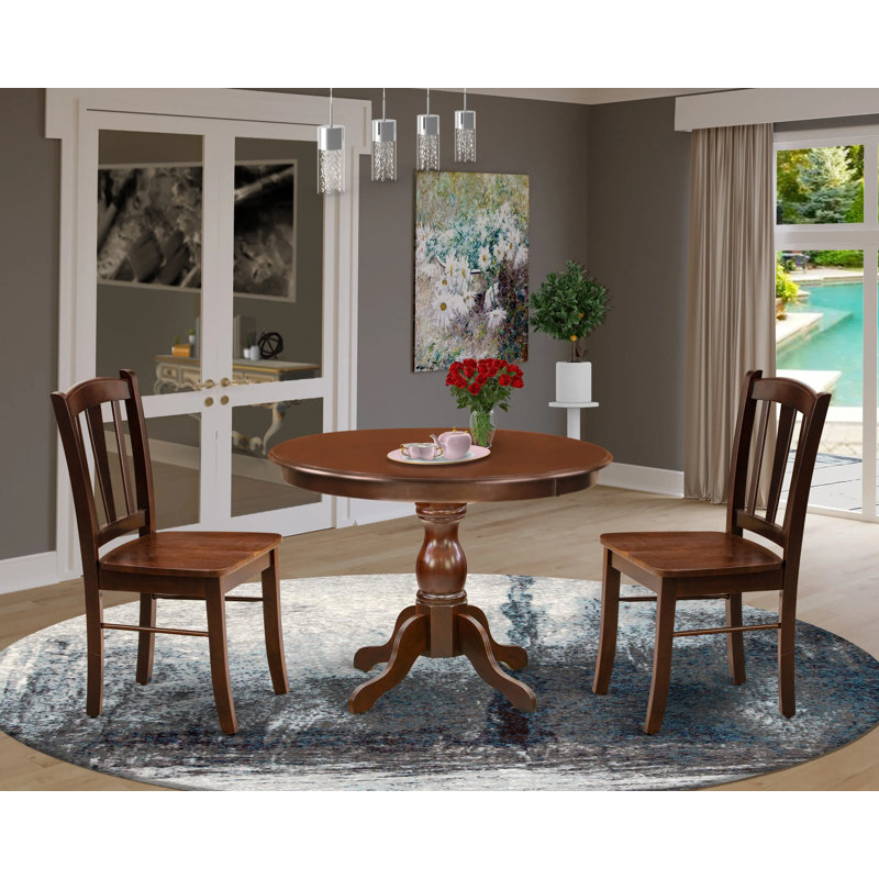 3 Piece Modern Dining Table Set Contains a Round Wooden Table with Pedestal and 2 Dining Room Chairs, Mahogany, 3