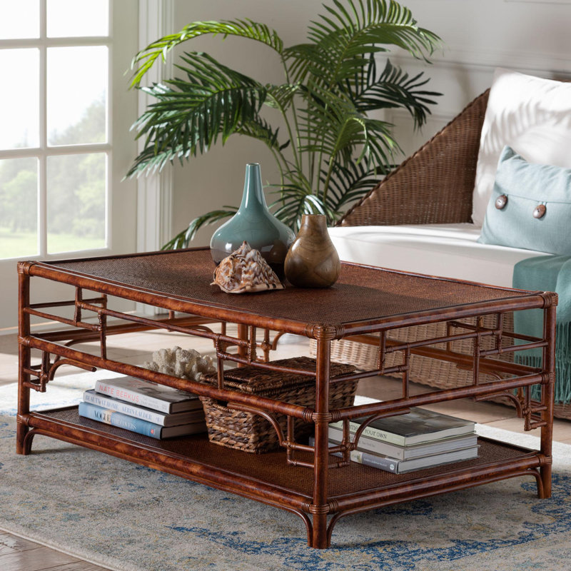 Bali & Pari Sebalio Tortoise Natural Rattan Coffee Table With Open Shelf – Vintage Style Center Table