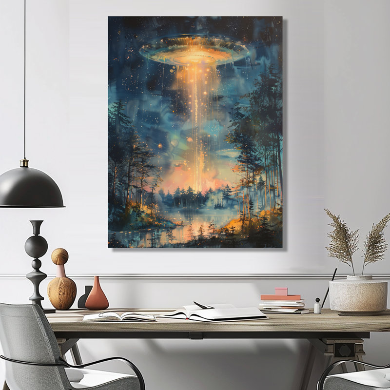 Jaune et rose Stellar Ufos - Art mural Ufos, H 12 po x l 20 po, Toile tendue